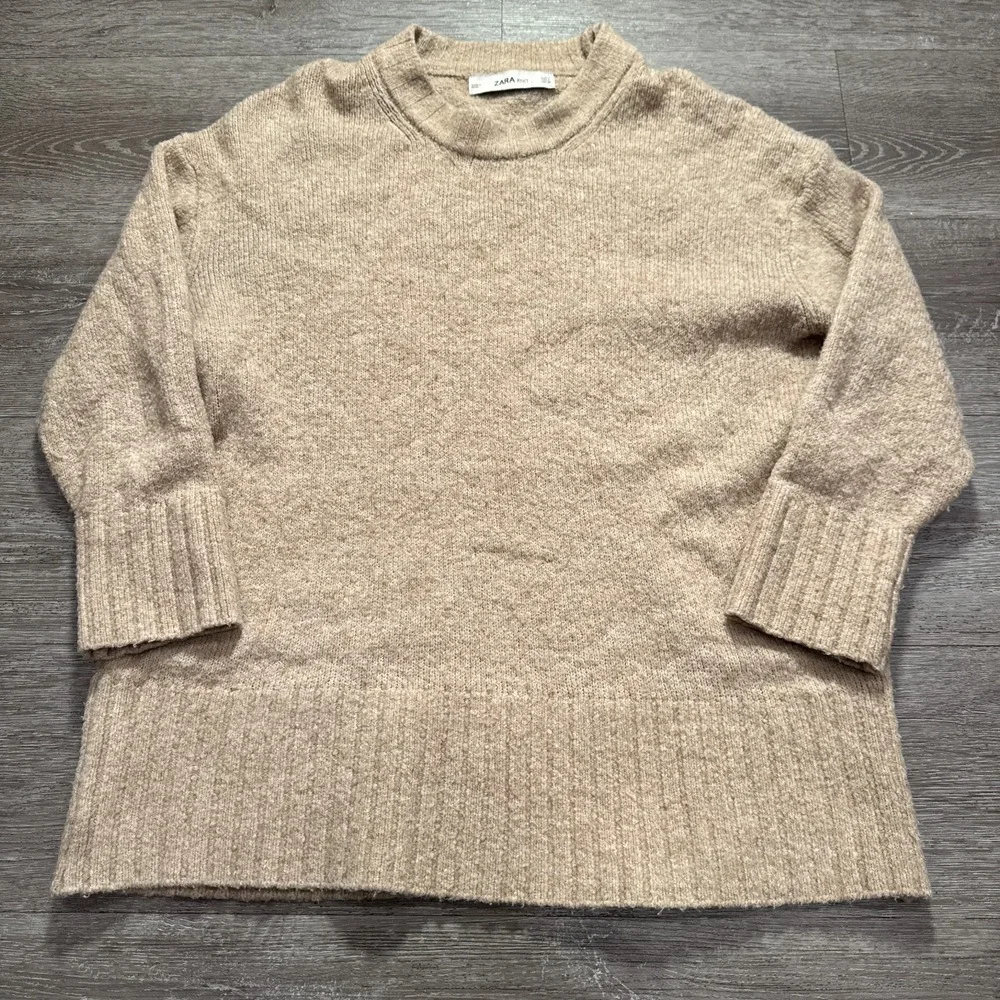 Zara Knit Sweater Womens M Tan Wool Blend Ribbed Trim Oversized‎ Cozy Minimalist
